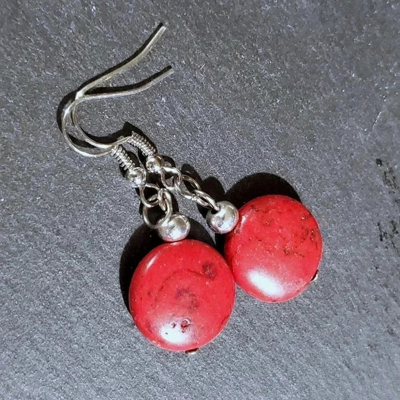 Handcrafted Silver and Red Magnesite Gemstone Puffed Coin Dangle Earrings - Picture 6 of 7